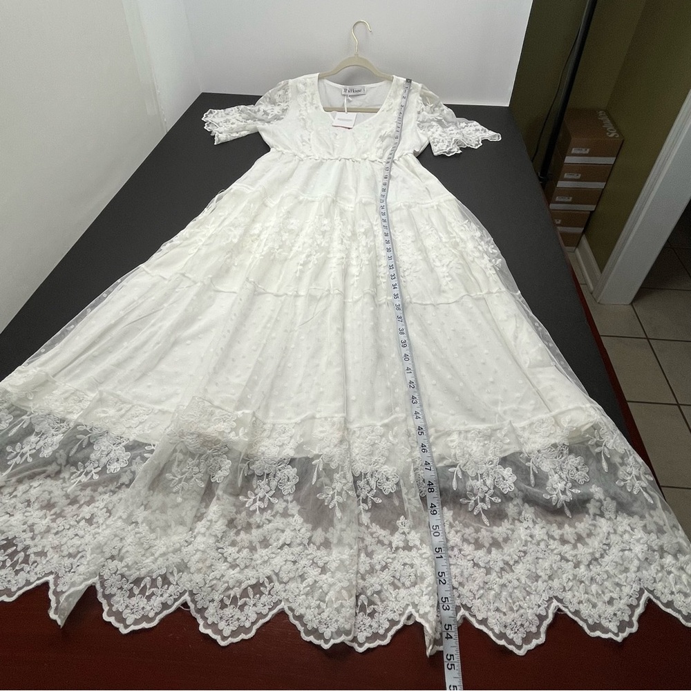 JJ's House Flower Ruffle V-Neck A-line Lace Maxi Dress #‎ 288443 White Large NEW - Picture 9 of 14